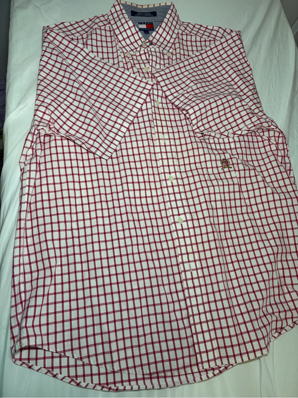 Tommy Hilfiger Men’s Large Red White Windowpane Button Down Shirt 90s Crest Y2K
